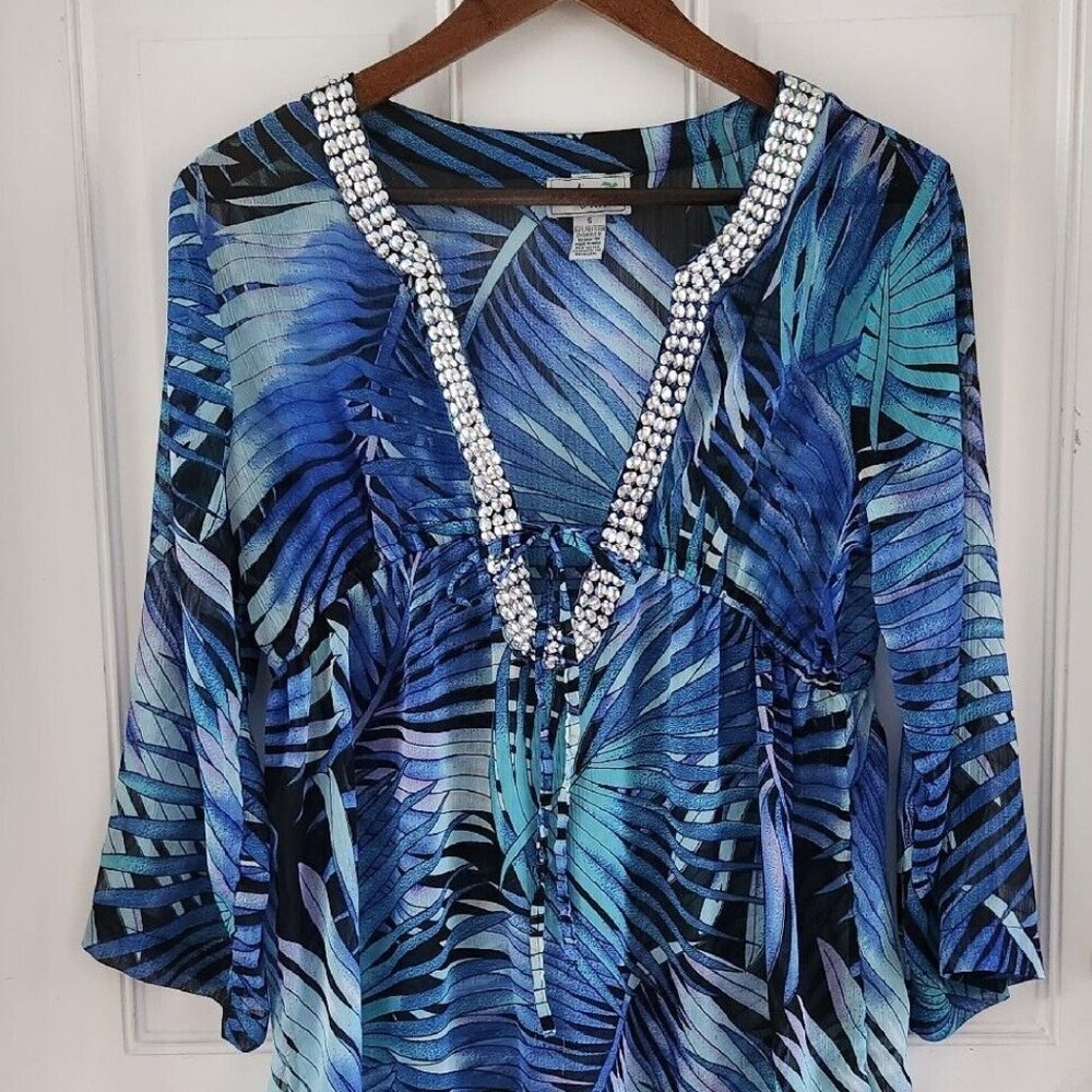 Bali Club Blue Sheer Palm Leaves Swimsuit Cover Up Rhinestone Tie Collar Size S